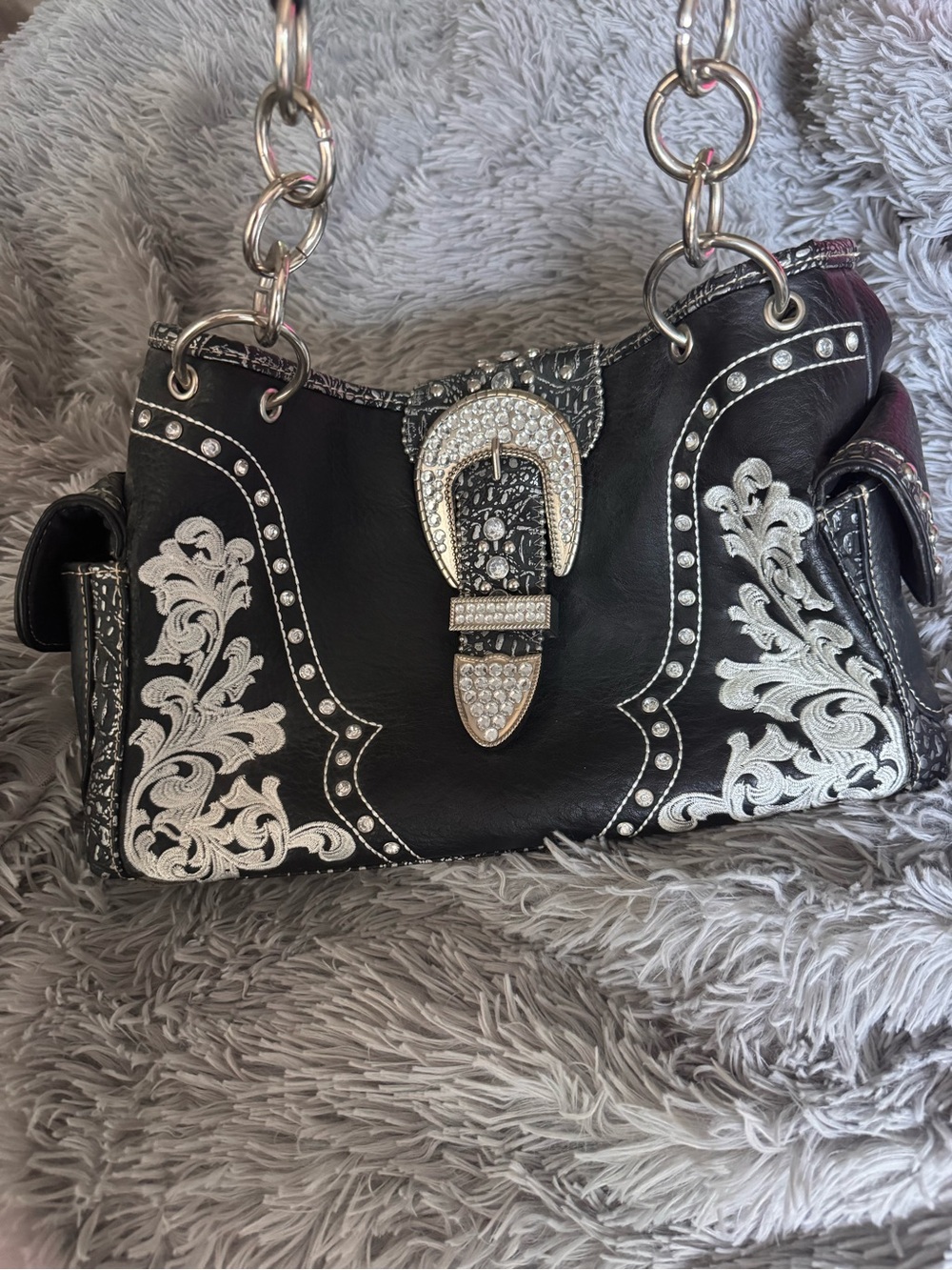 Country Road Black Shoulder Bag with Silver Embellishment